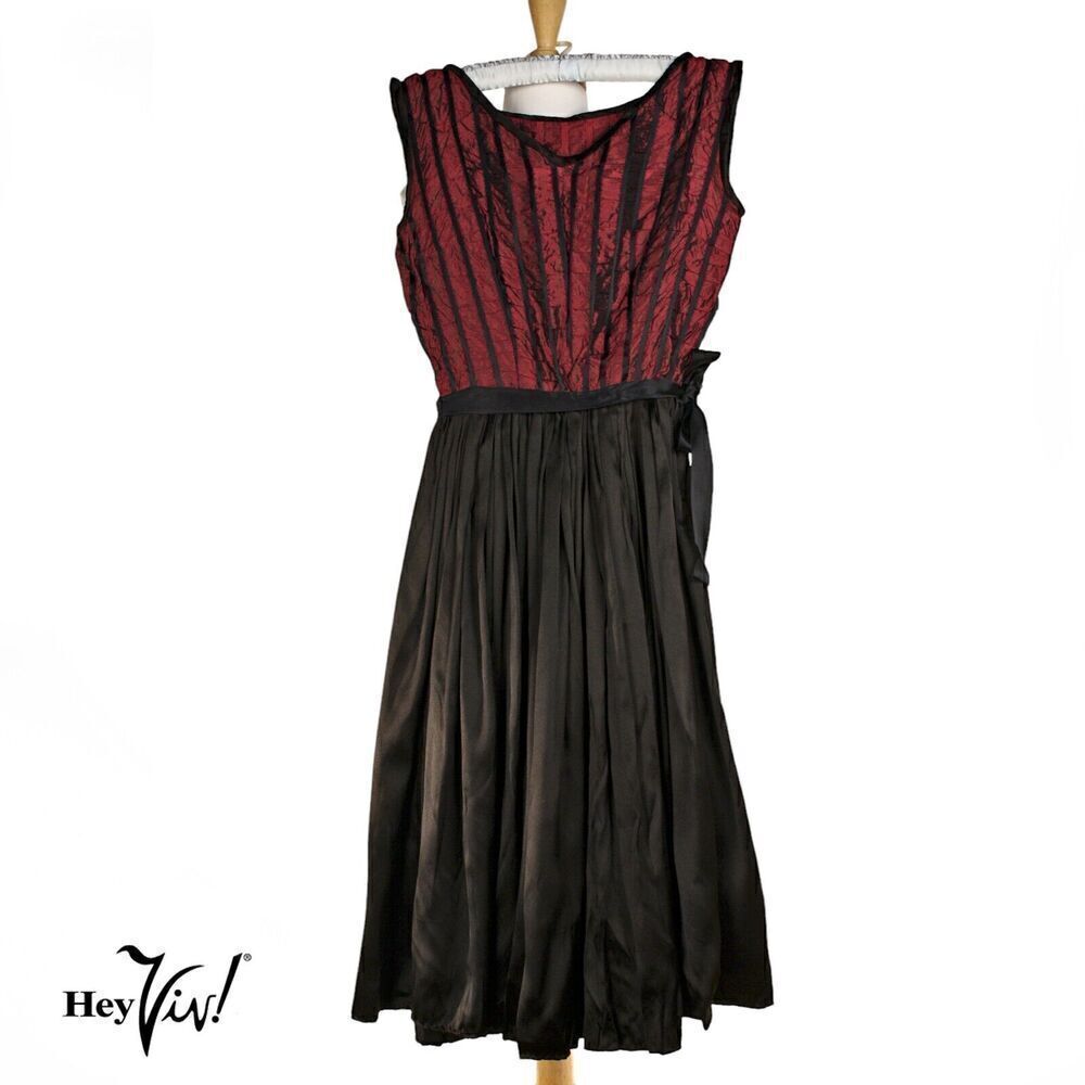 Vintage 50s Dress Fit and Flare Black Satin Circle Skirt Sze S B34 W22 - Hey Viv